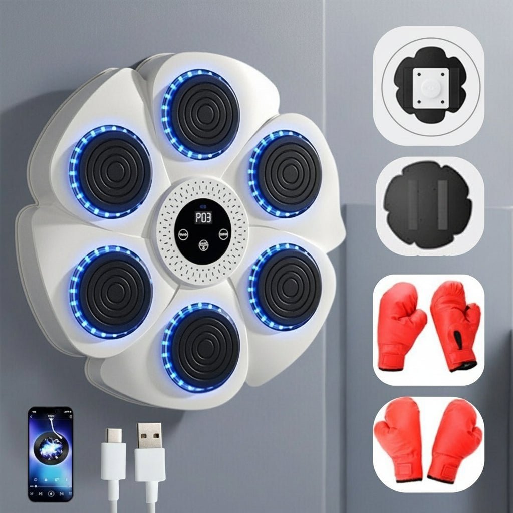 Compact Smart Boxing Trainer with Bluetooth music & colorful RGB lights, enhancing home gym workouts & stress relief.