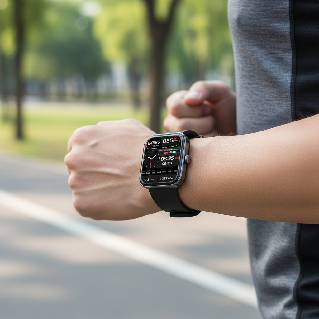 Black Smart Health Watch, non-invasive glucose monitor, heart rate tracker & sleep analysis for daily wellness.