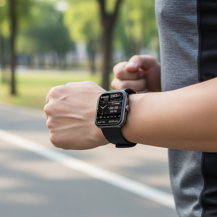 Black Smart Health Watch, non-invasive glucose monitor, heart rate tracker & sleep analysis for daily wellness.