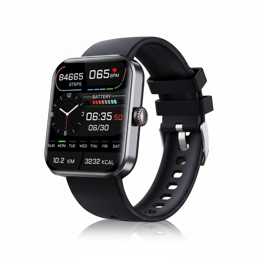 Sleek black smart watch, a non-invasive health tracker with glucose, heart rate, & sleep analysis functions.