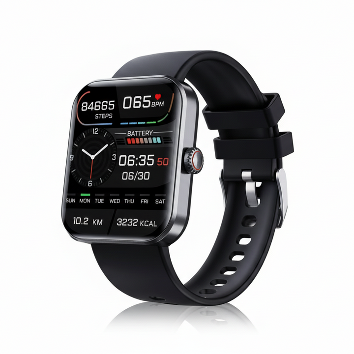 Sleek black smart watch, a non-invasive health tracker with glucose, heart rate, & sleep analysis functions.