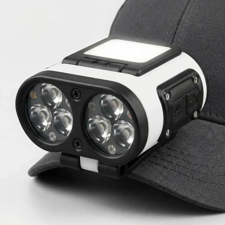 Sleek black unisex headlamp, clips onto hats for hands-free outdoor adventures & versatile lighting.