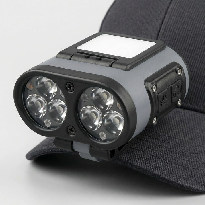 Durable rechargeable LED cap light with smart sensor, ideal for camping, hiking, or hands-free tasks.