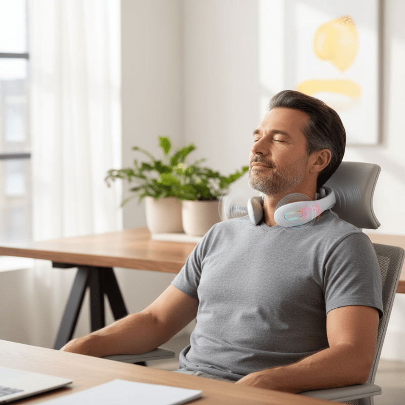 Unisex smart vibration & heat neck massager for pain relief, relaxation & muscle therapy.