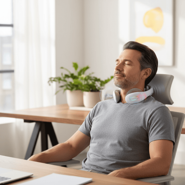 Unisex smart vibration & heat neck massager for pain relief, relaxation & muscle therapy.