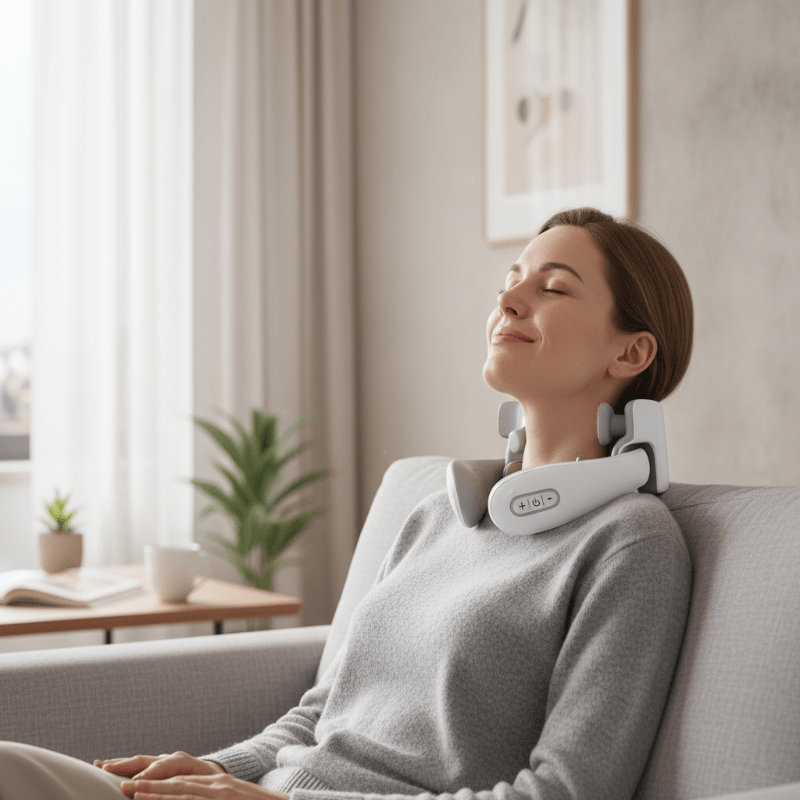 Portable neck massager with smart vibration & heat therapy for muscle relief & stress reduction.