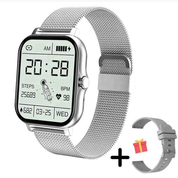 Digital unisex fitness tracker smartwatch with Bluetooth calls, waterproof design, and responsive touchscreen.