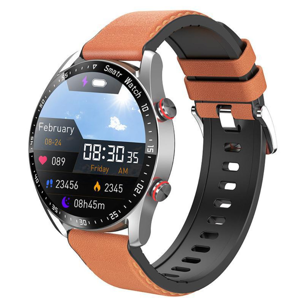Modern digital watch with health tracker. Features Bluetooth calls, IP67, heart rate, & blood pressure.