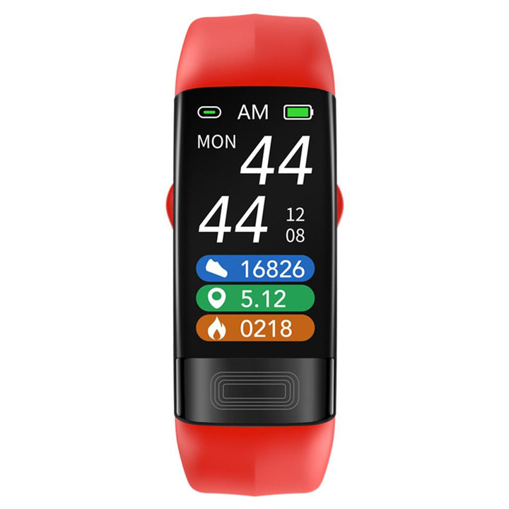 Smartwatch screen displaying blood pressure, EKG waveform, and SpO2 levels. Health monitoring at your wrist.