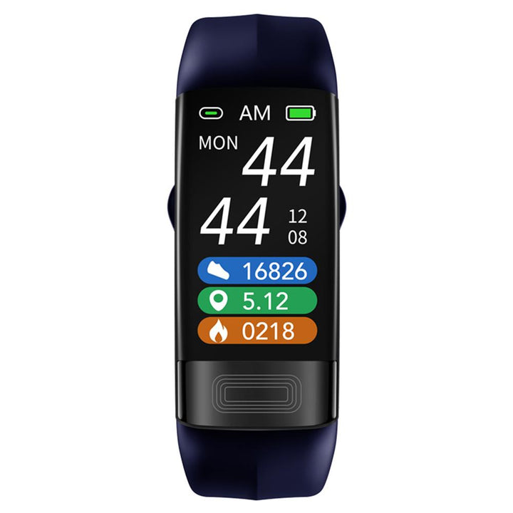 Close-up of the unisex smart health tracker. Features a sleek design with EKG, SpO2, and BP monitoring.