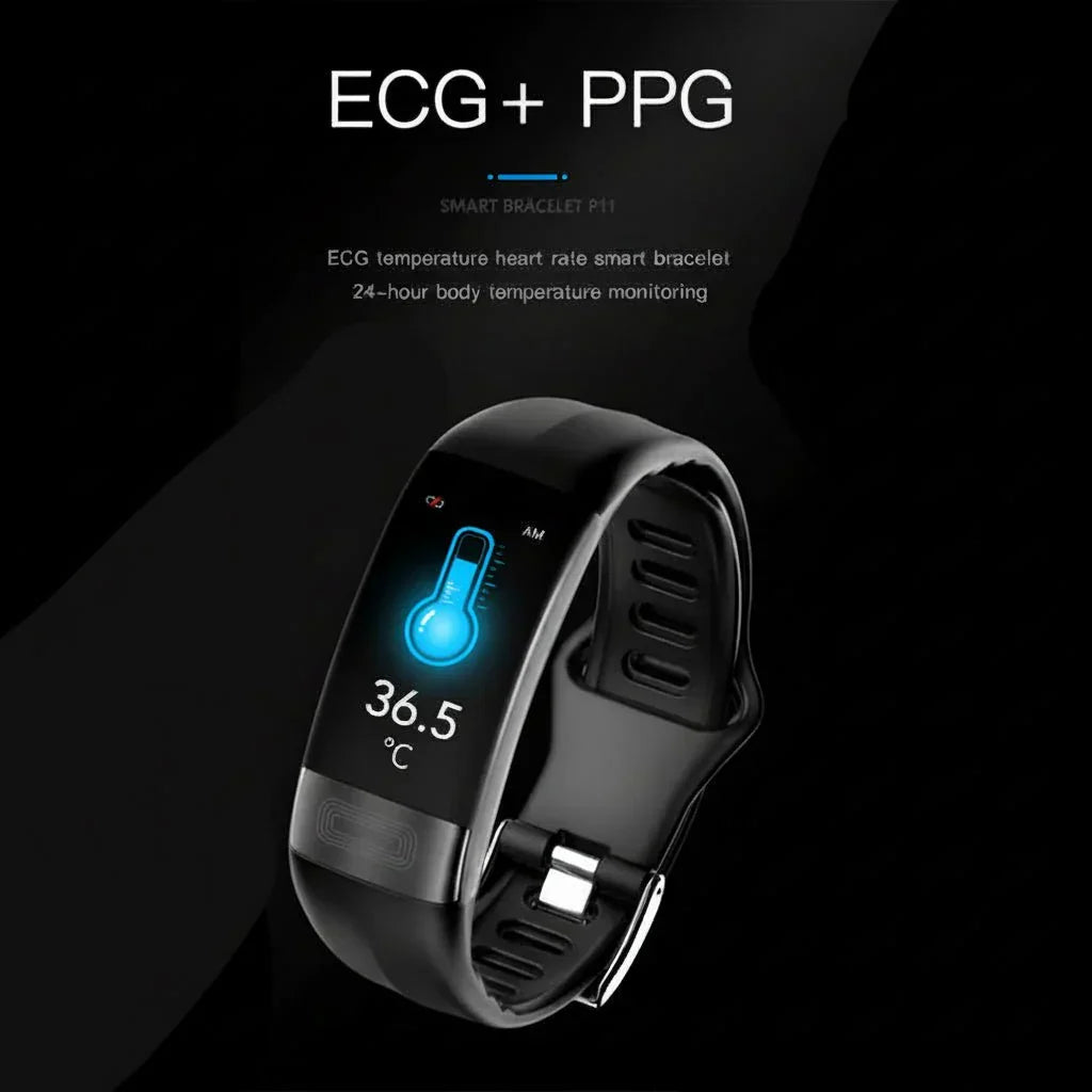 High-tech health tracker watch, unisex design, featuring ECG, BP, and fitness tracking.