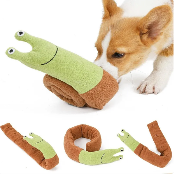 Unisex snail plush snuffle dog toy with squeaker and crinkle for interactive play
