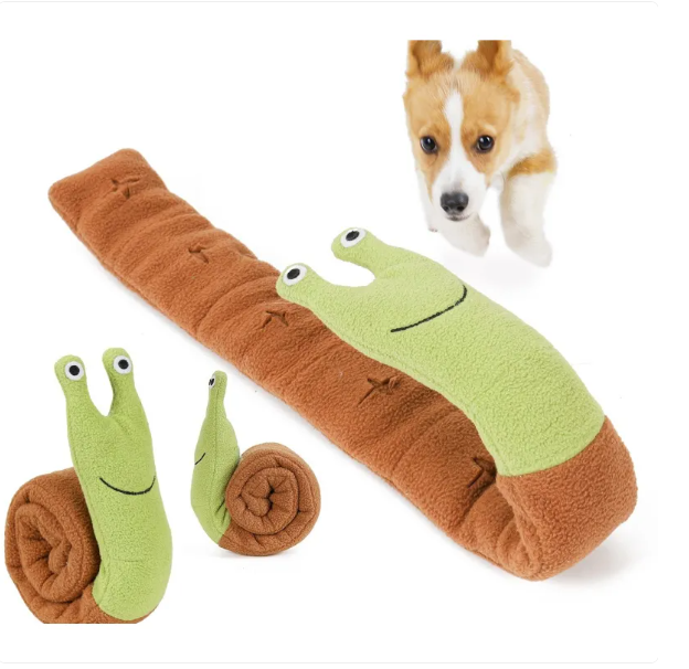 Durable snail-shaped plush dog toy with snuffle mat, squeaker, and crinkle textures