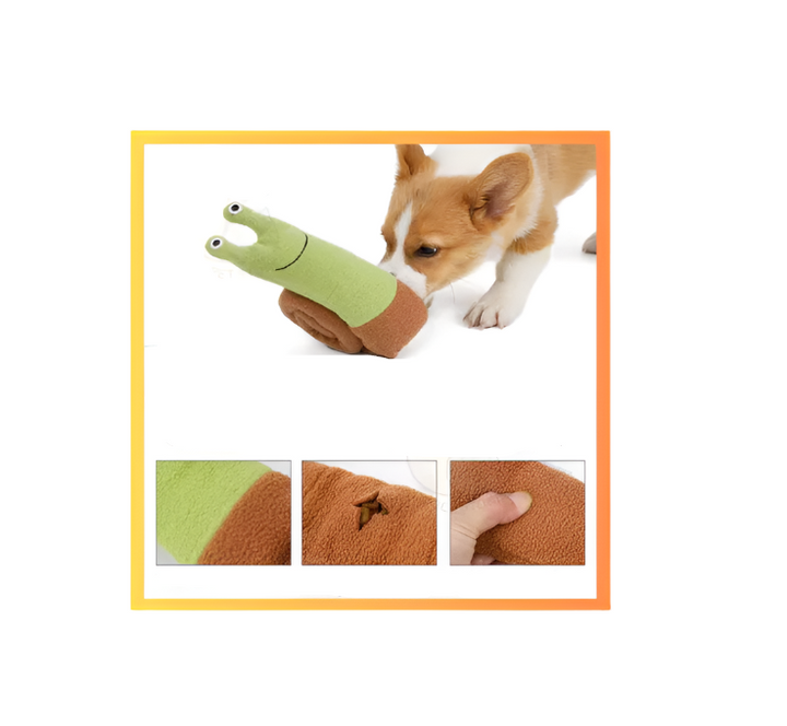 Engaging snail dog toy made of soft plush with snuffle pockets, squeaker, and crinkle sounds