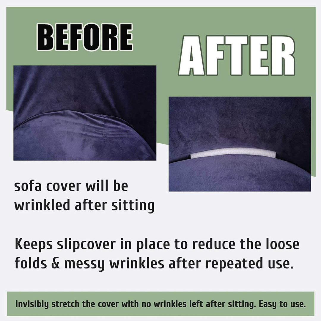 Hand placing a unisex sofa cover gripper foam stick into a sofa crevice for anti-slip protection