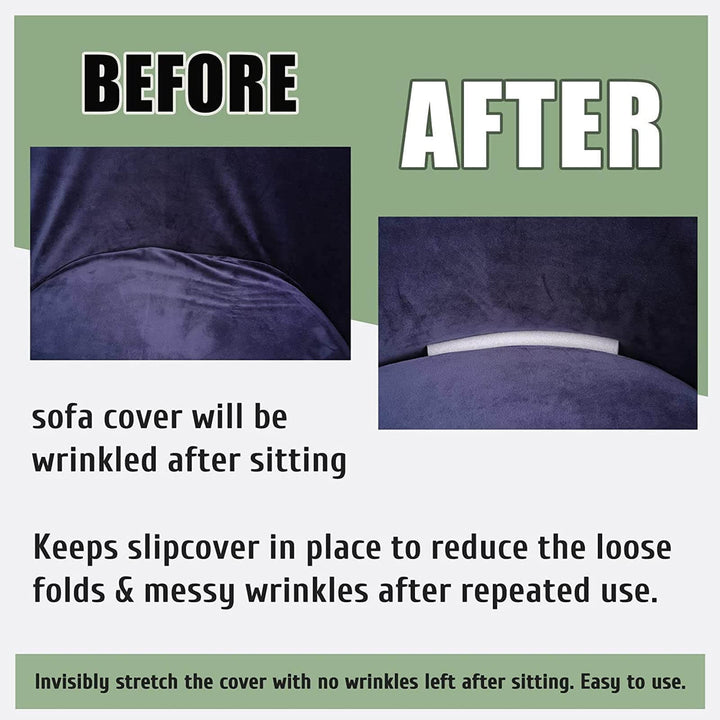 Hand placing a unisex sofa cover gripper foam stick into a sofa crevice for anti-slip protection