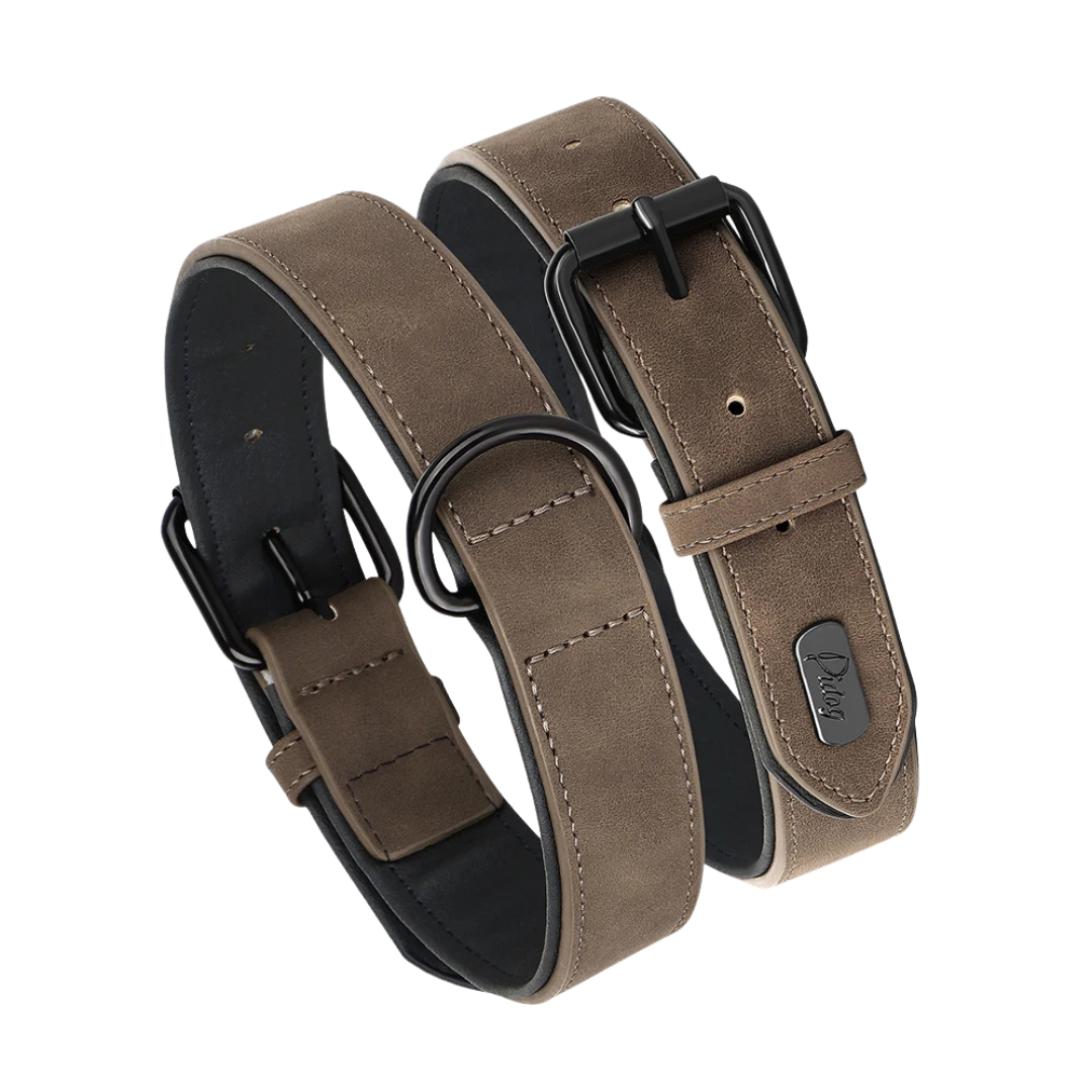 Unisex soft padded PU leather dog collar for comfort & durability, solid black with metal buckle.