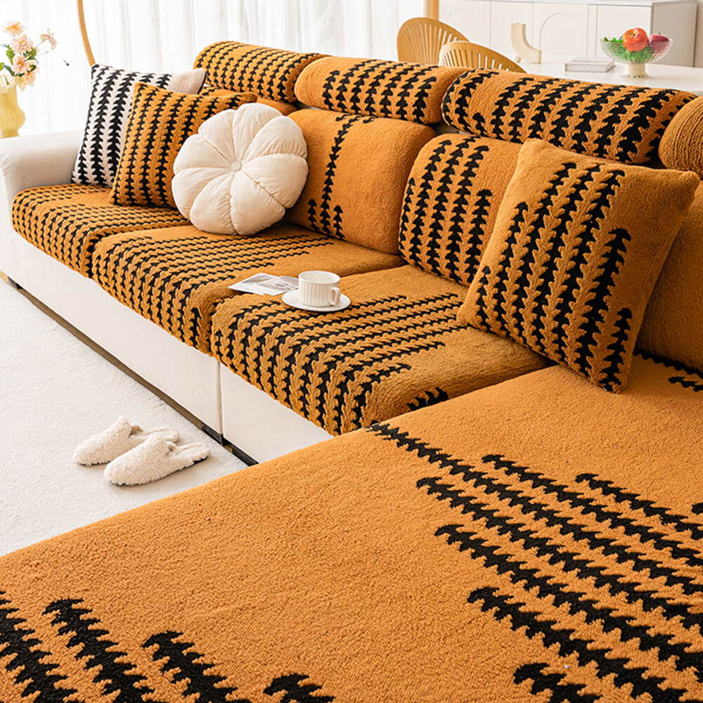 Brown striped herringbone sofa slipcover, elastic fit furniture protector for easy care