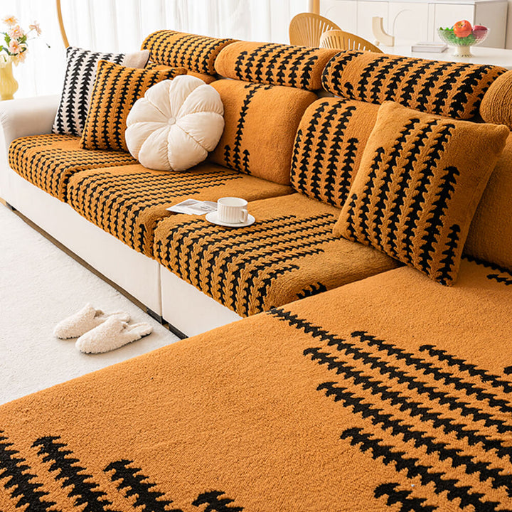 Brown striped herringbone sofa slipcover, elastic fit furniture protector for easy care