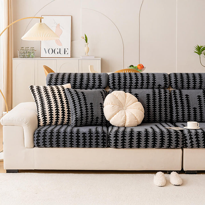 Texture shot of herringbone weave on a sofa slipcover, soft and comfortable home decor
