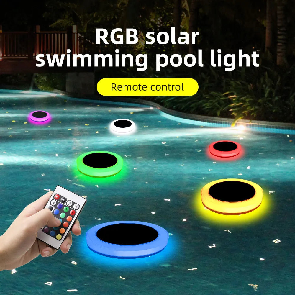 Set of multiple solar RGB floating pool lights creating a dynamic lighting effect