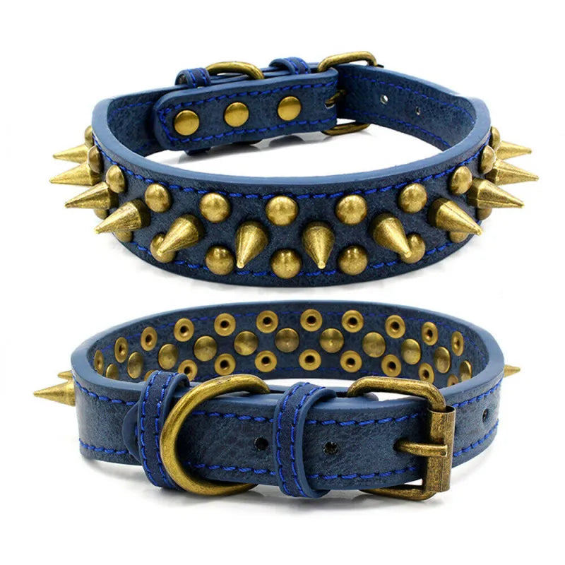 Close-up of studded dog collar, black leather with sharp spikes, pet accessory for large dogs