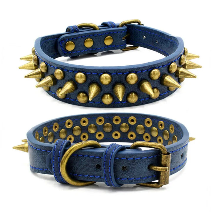 Close-up of studded dog collar, black leather with sharp spikes, pet accessory for large dogs
