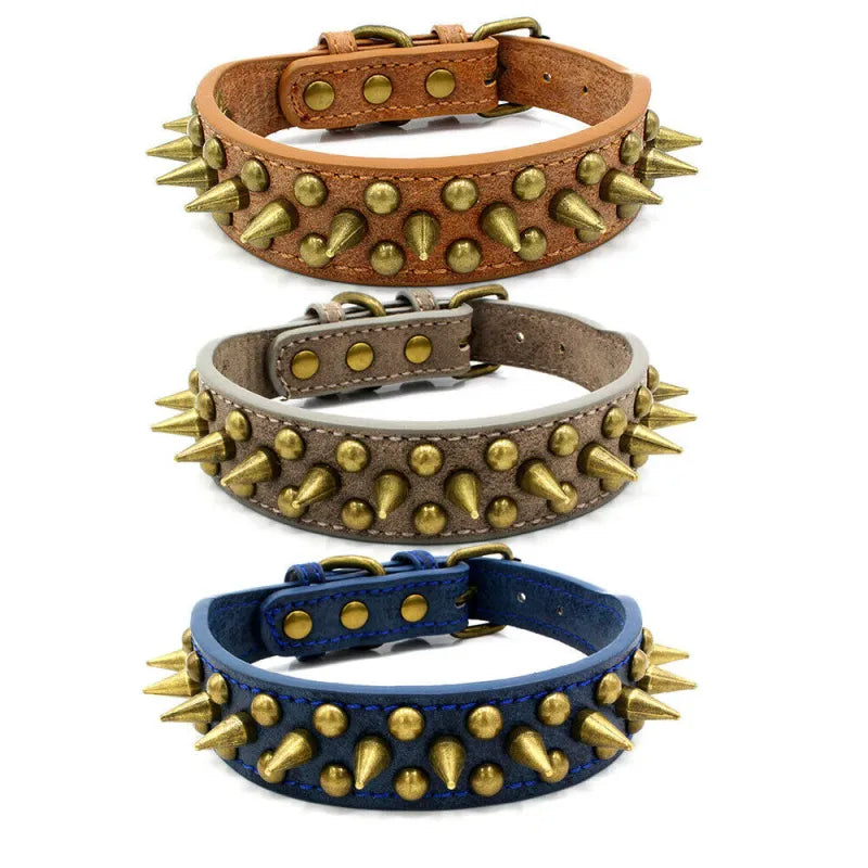 Stylish spiked leather dog collar on a dark background, showing durable craftsmanship for furbabies