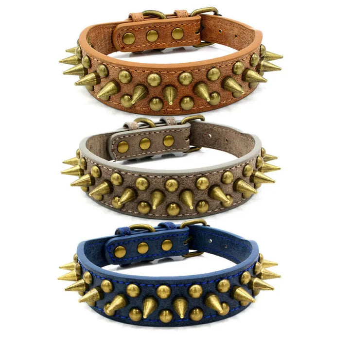 Stylish spiked leather dog collar on a dark background, showing durable craftsmanship for furbabies