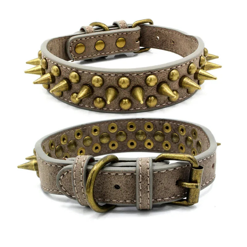 Adjustable black leather dog collar with prominent metal spikes, a rugged pet fashion statement