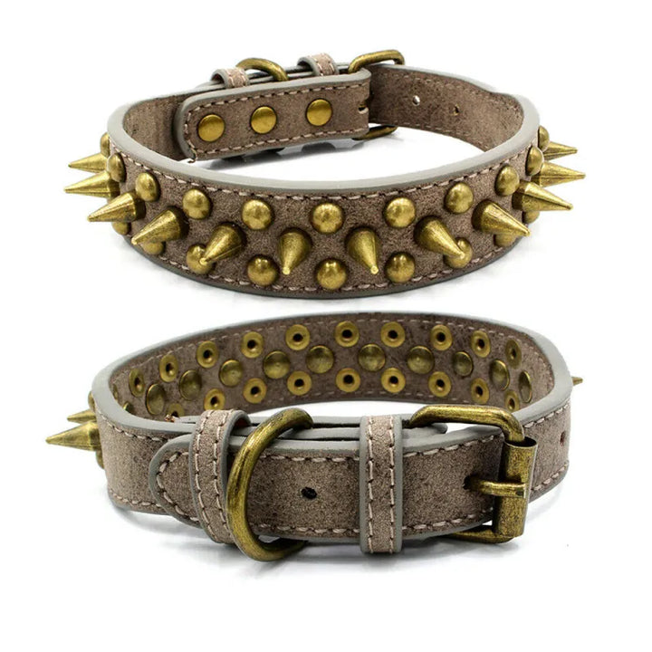 Adjustable black leather dog collar with prominent metal spikes, a rugged pet fashion statement