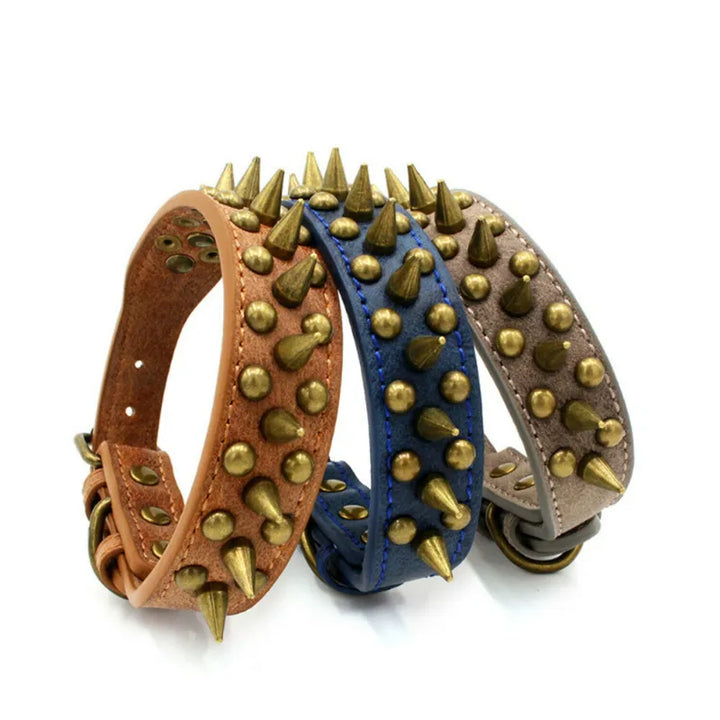 Detailed view of a unisex studded dog collar, showcasing individual spikes and buckle closure