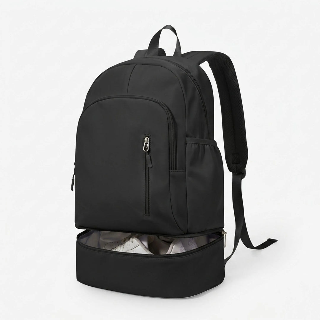 Versatile unisex travel backpack, sleek design, with a practical shoe compartment & ample storage.