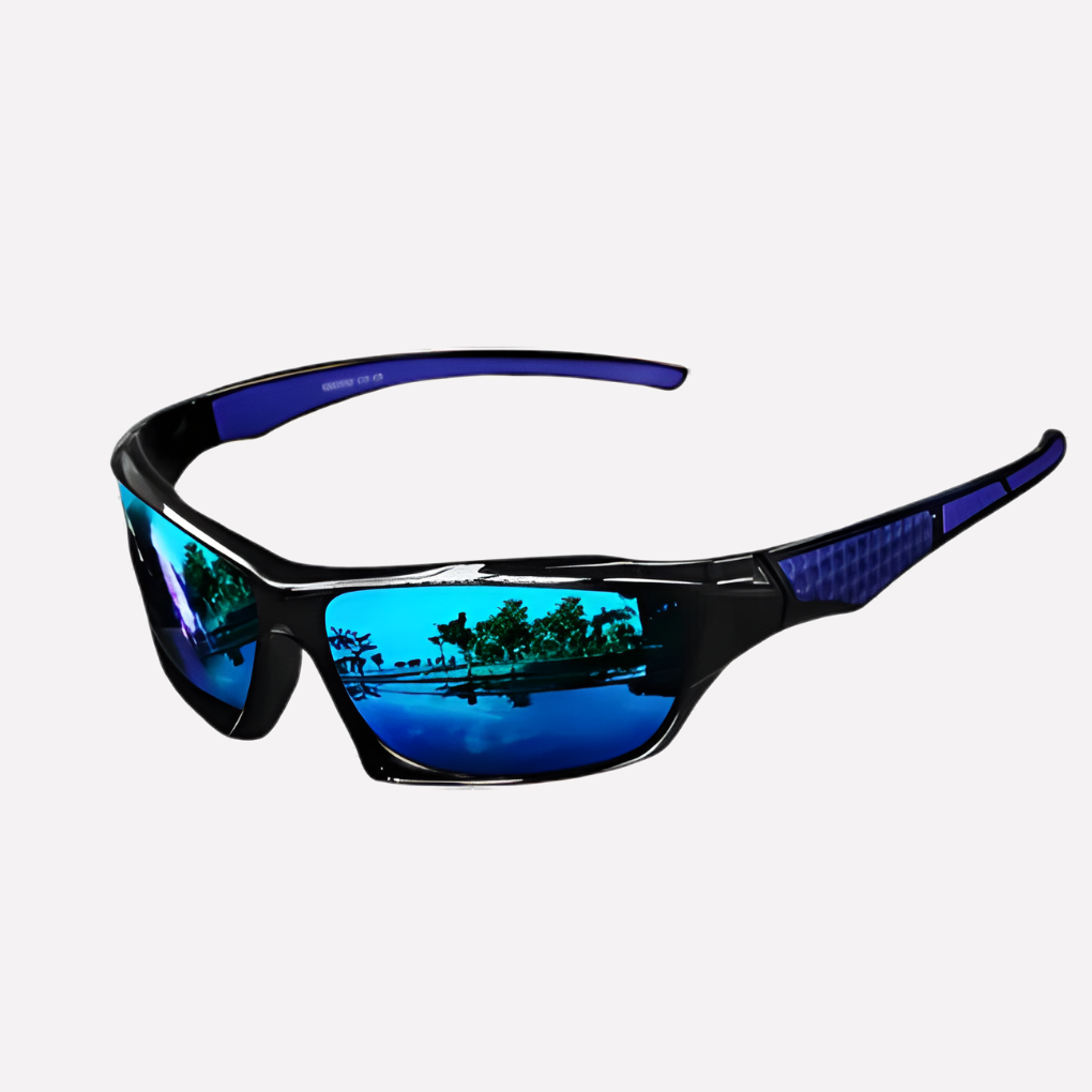 Blue polarized sports sunglasses for active lifestyle. UV400 protection & glare reduction for athletes.