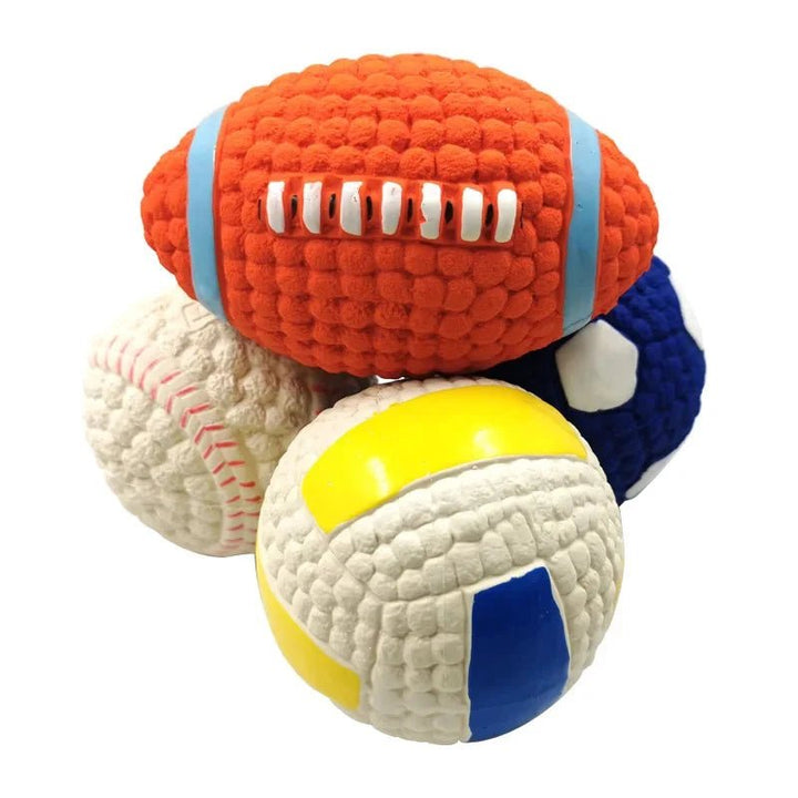 Close-up of durable latex dog toy ball with squeaker, promoting pet dental health.