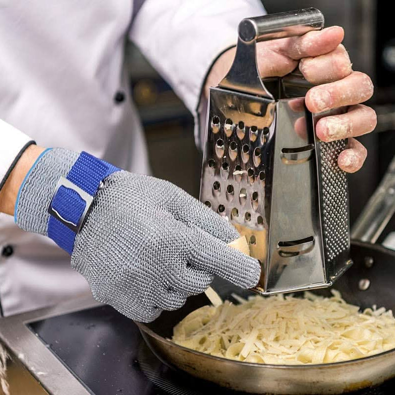 Ergonomic cut-resistant safety gloves made from stainless steel, ideal for kitchen tasks, butchering, and food prep.