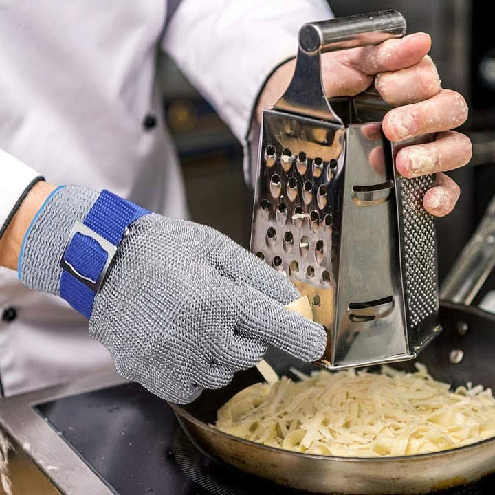 Ergonomic cut-resistant safety gloves made from stainless steel, ideal for kitchen tasks, butchering, and food prep.