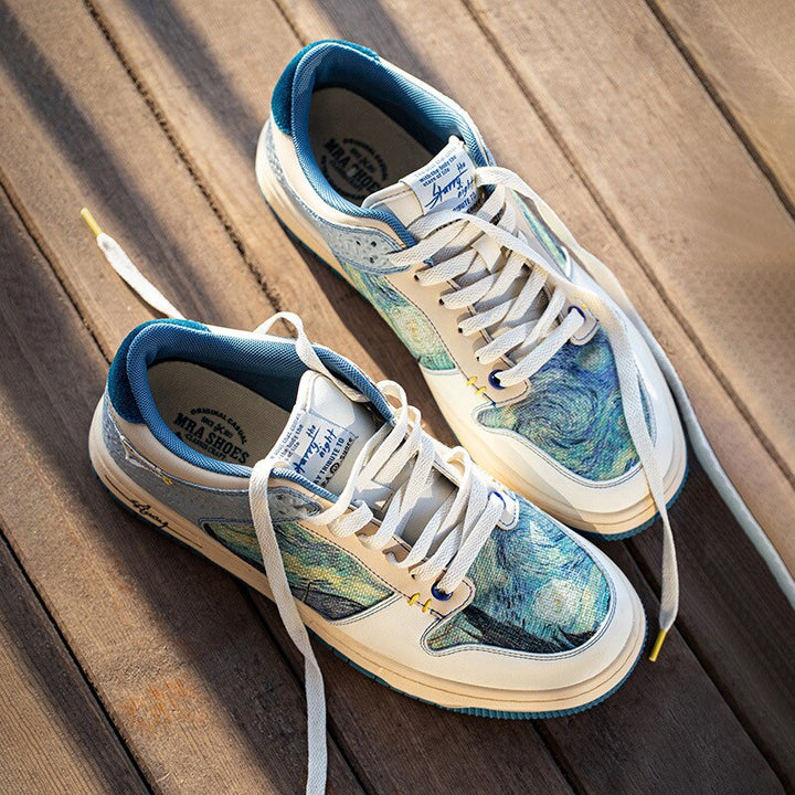 Vibrant Starry Night artistic sneakers, offering cloud-like comfort for men and women. Perfect casual footwear.