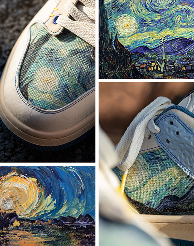 Comfortable Starry Night sneakers inspired by Van Gogh, perfect for art lovers seeking unique casual footwear.