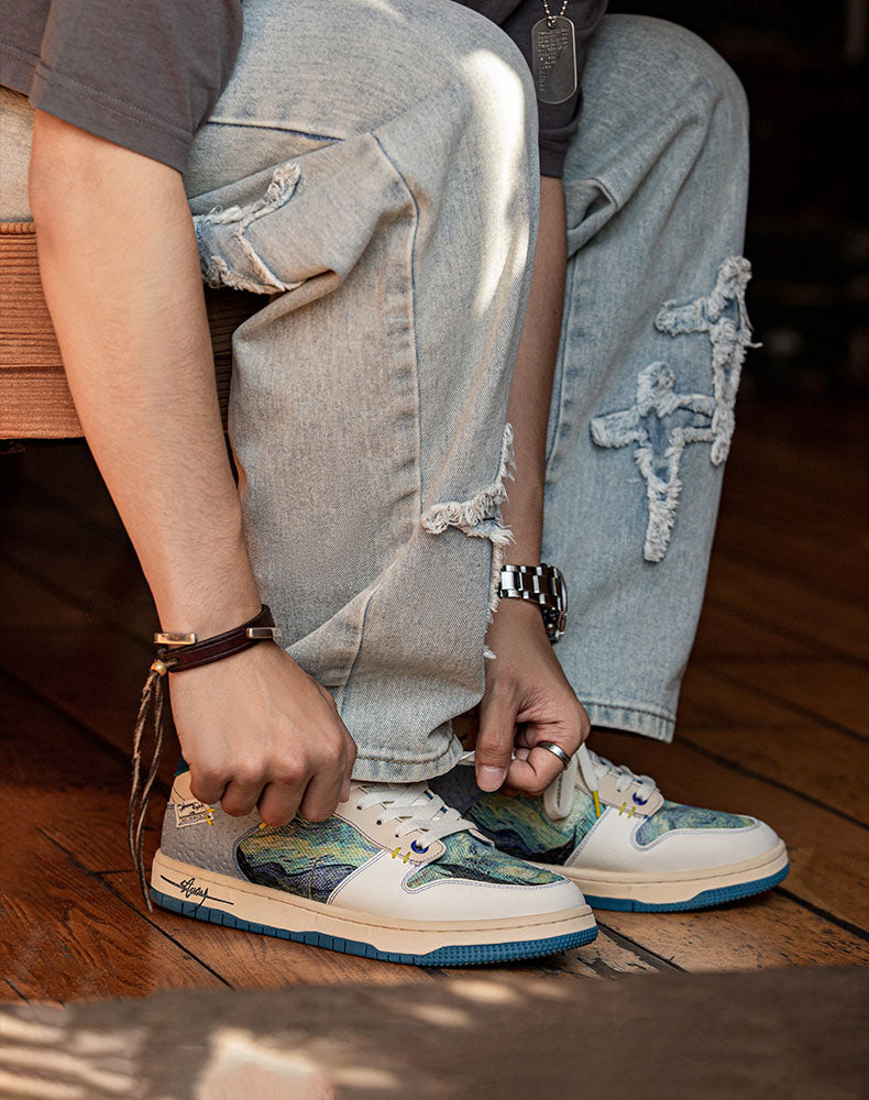 Vibrant Starry Night design sneakers, ideal for casual wear, combining art and cloud-like comfort for men & women.