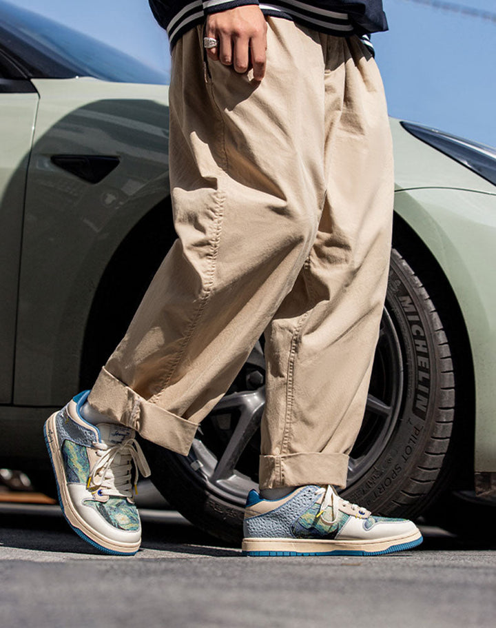 Cloud-like comfort Starry Night sneakers. Unique Van Gogh inspired artistic design for stylish everyday wear.