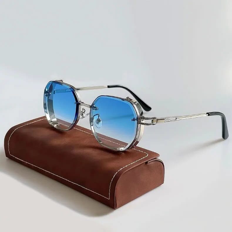 Fashionable unisex steampunk sunglasses, aluminum frame, polarized lenses, blocks UV rays.