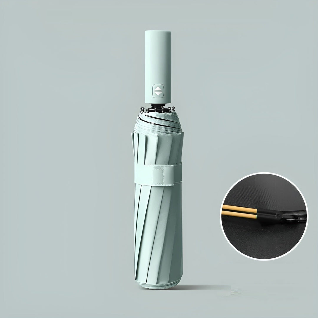 Automatic open/close StormShield folding umbrella, windproof, UV protective, & durable compact rain gear.