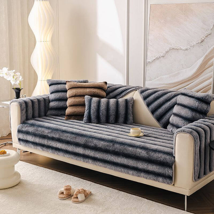 Unisex striped faux rabbit fur sofa protector couch cover, stain resistant & non-slip
