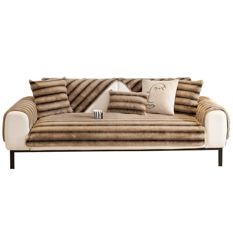 Pet-friendly striped faux fur sofa protector, offering comfort and furniture protection