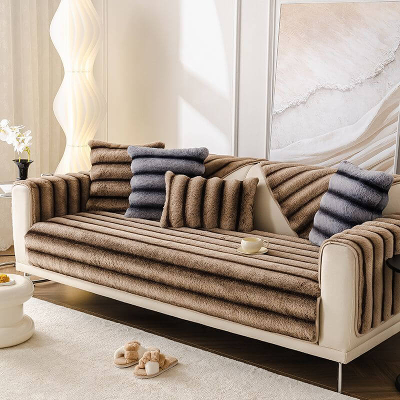 Soft faux rabbit fur couch cover with elegant stripes for pet-friendly living room decor