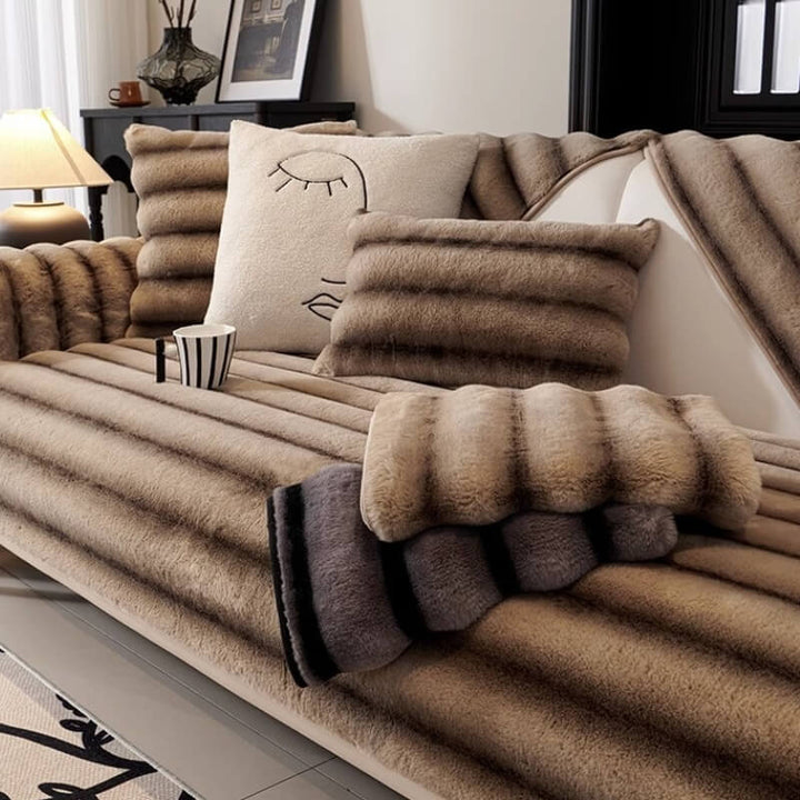 Luxurious unisex striped faux rabbit fur sofa protector, ideal for pet owners