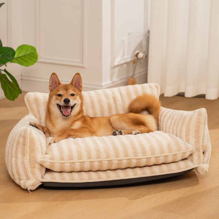 Unisex striped pet sofa bed for cats and dogs with soft faux lambswool interior