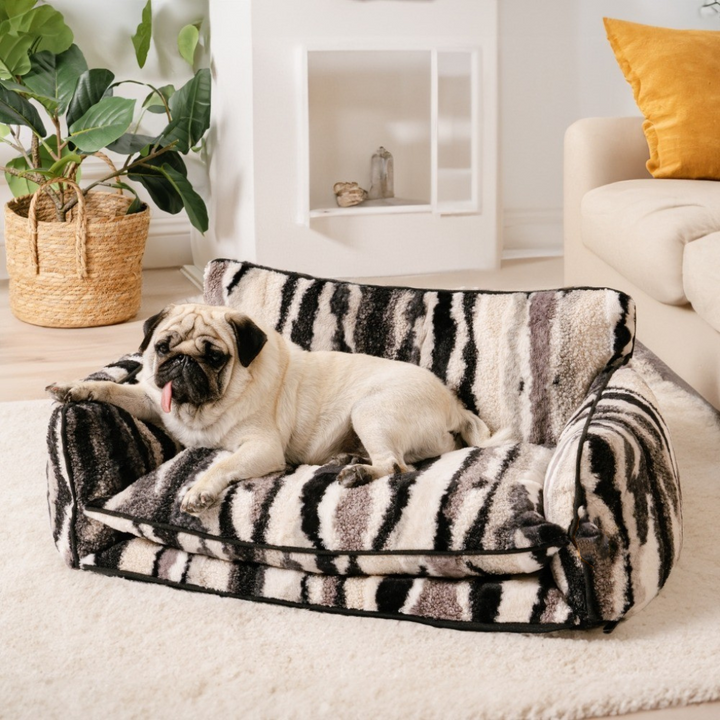 New4 dog bed with gray & white stripes, cushioned pet sofa furniture