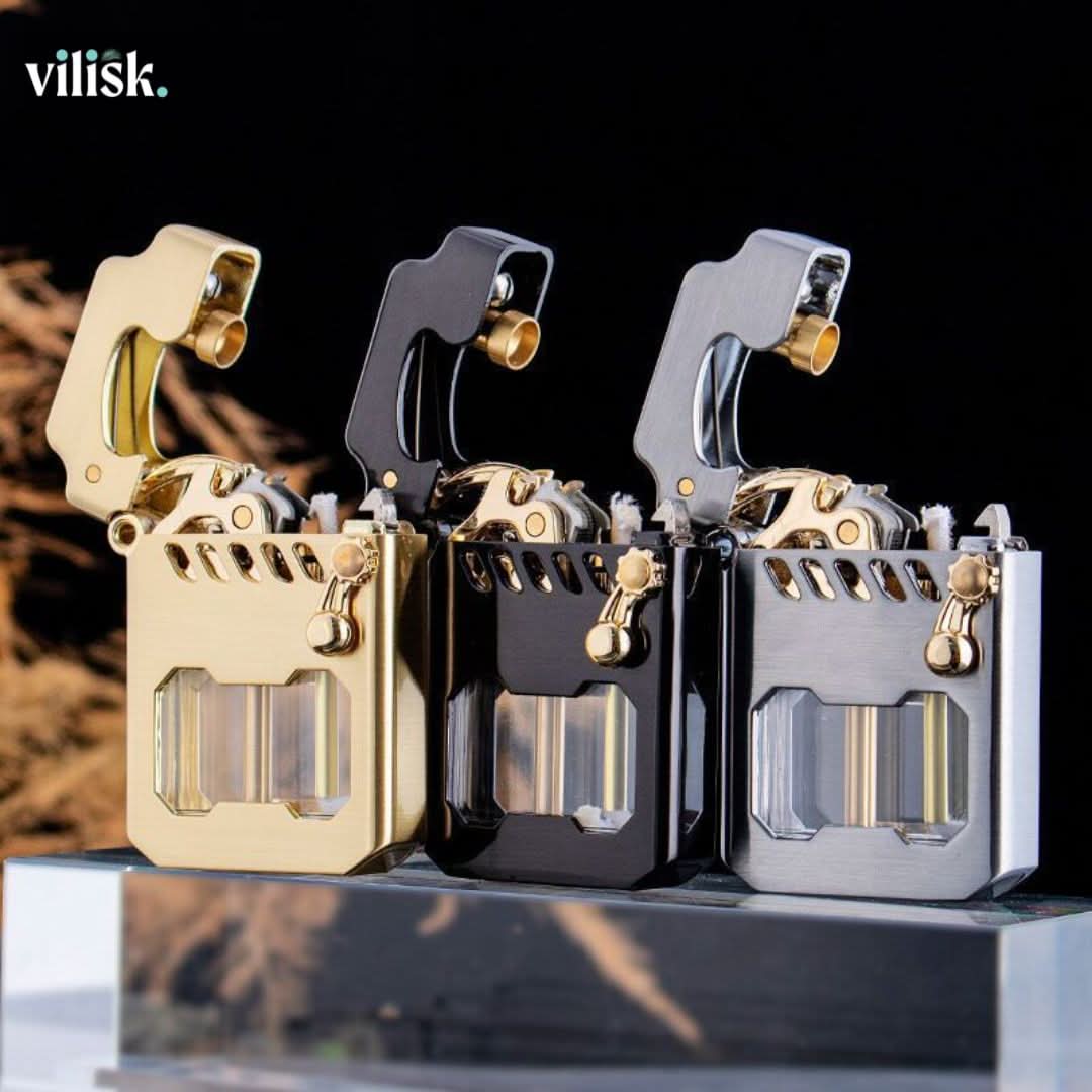 Elegant metal windproof lighter, featuring a unique gear mechanism. A stylish everyday carry accessory.